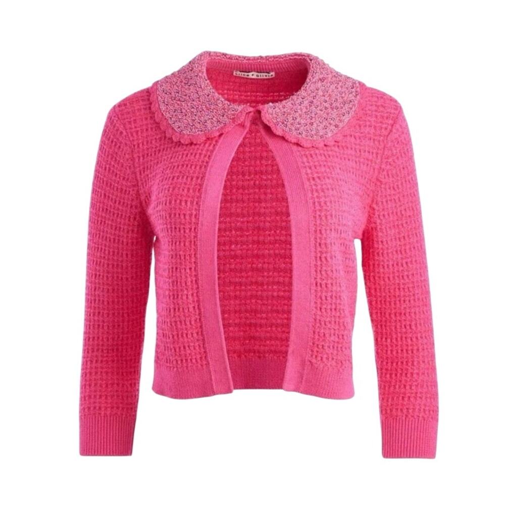 Alice + Olivia Akira Cropped Embellished Pink Tinsel Waffleknit Cardigan Medium - Picture 2 of 7